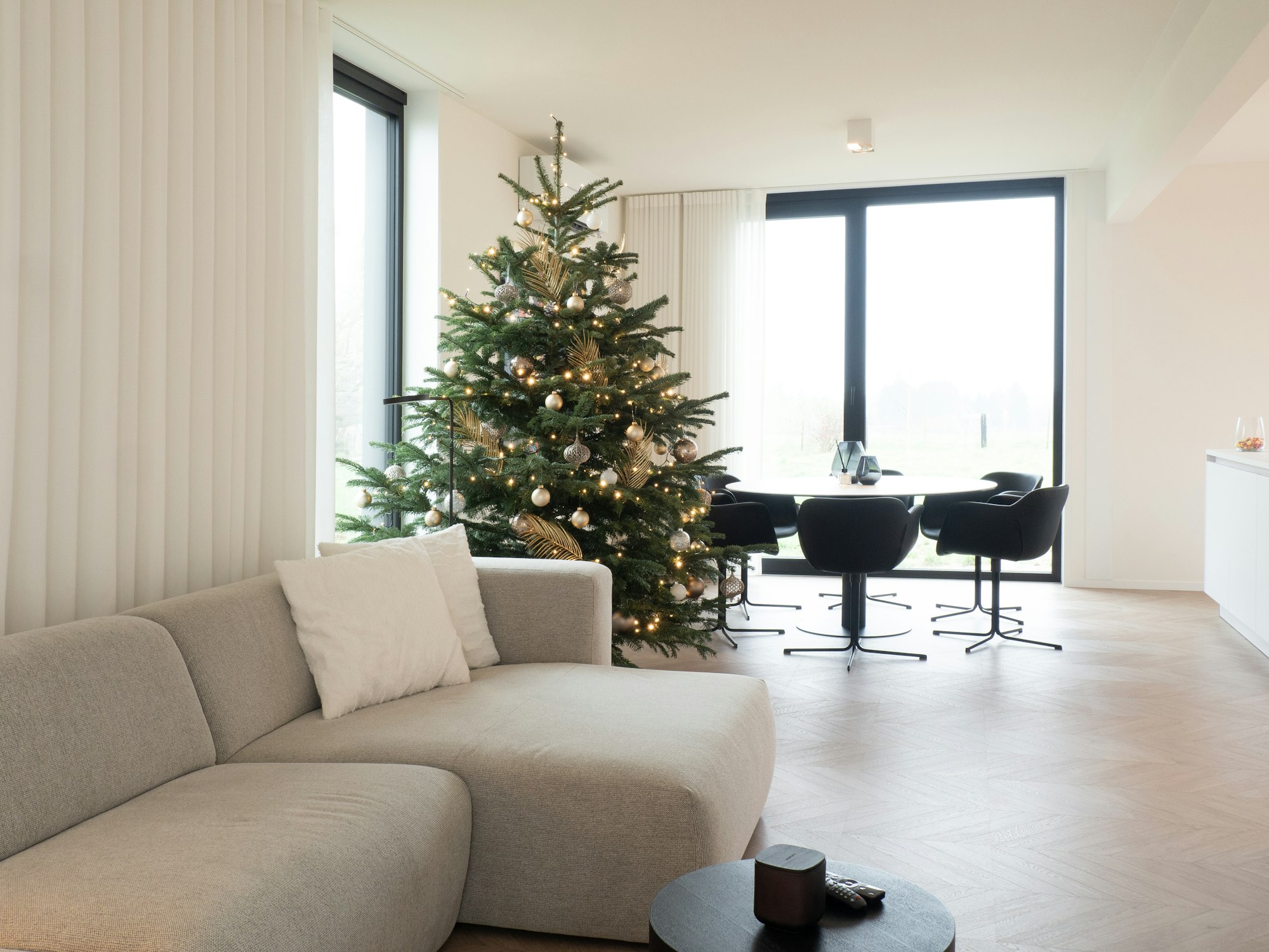 Skilpod #140 - interieur woonkamer en eetruimte,  modern design met kerstboom