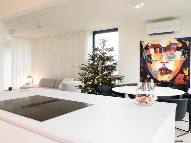 Skilpod #140 - interieur woonkamer en eetruimte,  modern design met kerstboom