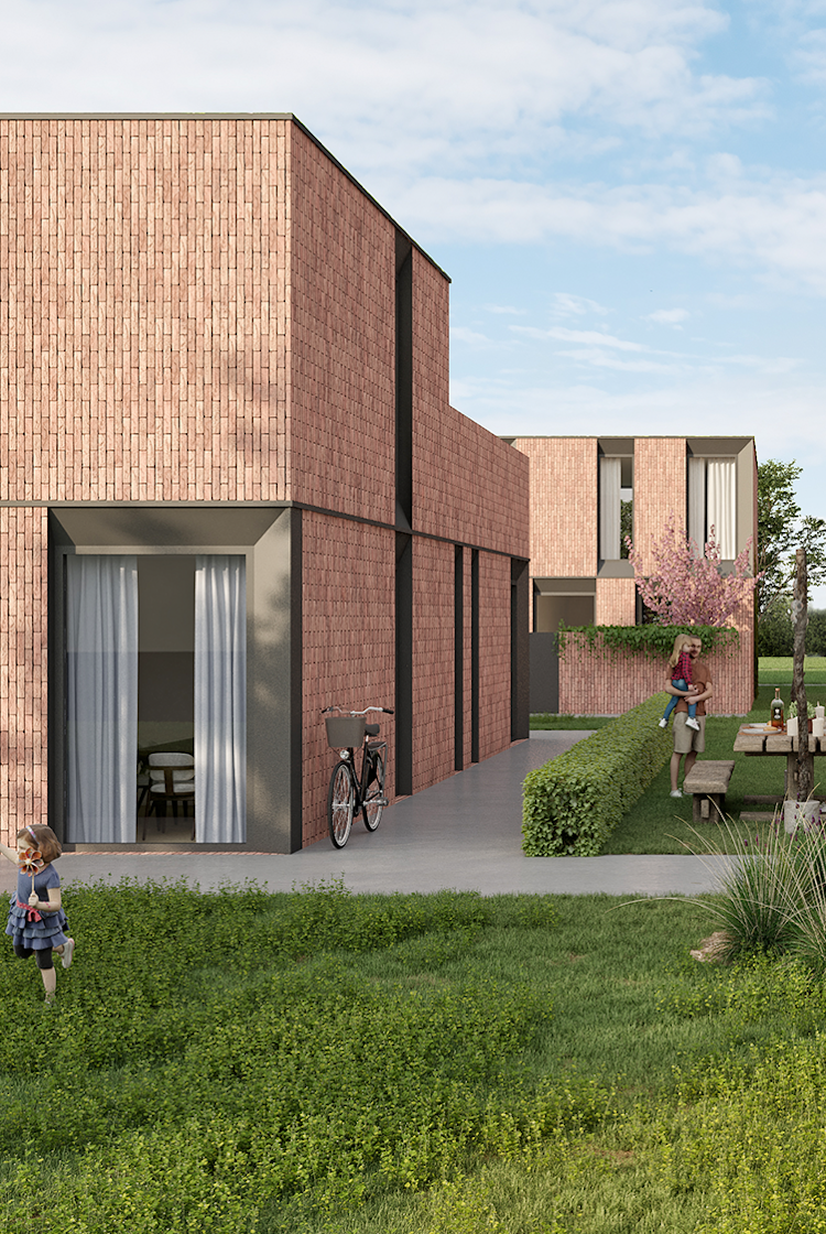 Skilpod project sfeerbeeld houtskeletbouw woningen gesloten en half-open bebouwing