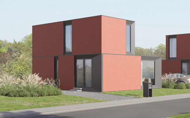 Zijaanzicht Skilpod #160 prefab houtskeletbouw woning met afwerking in rode steen