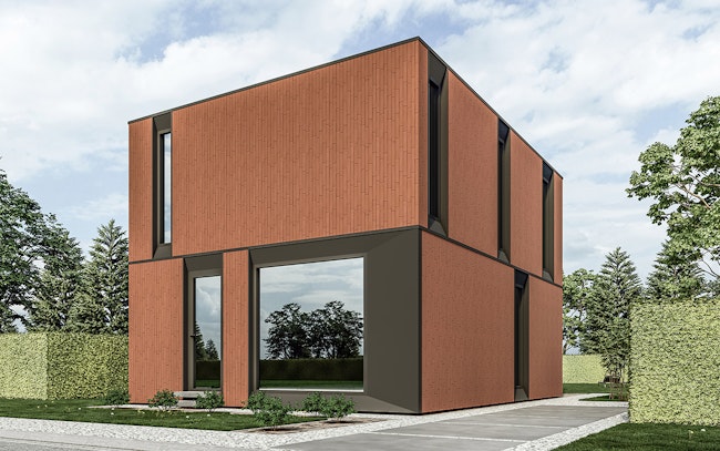 Skilpod #140 — houtskeletbouw woning met 3 slaapkamers, modern design met rode steen