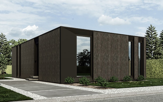 Skilpod #90 — houtskeletbouw bungalow woning met 2 slaapkamers, modern design met zwarte steen