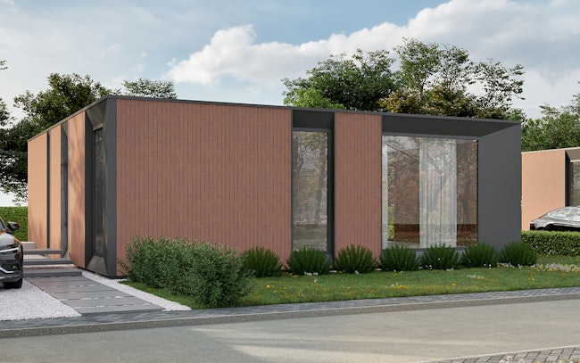 Skilpod #108 — houtskeletbouw bungalow woning met 2 slaapkamers, modern design met rode steenstrips