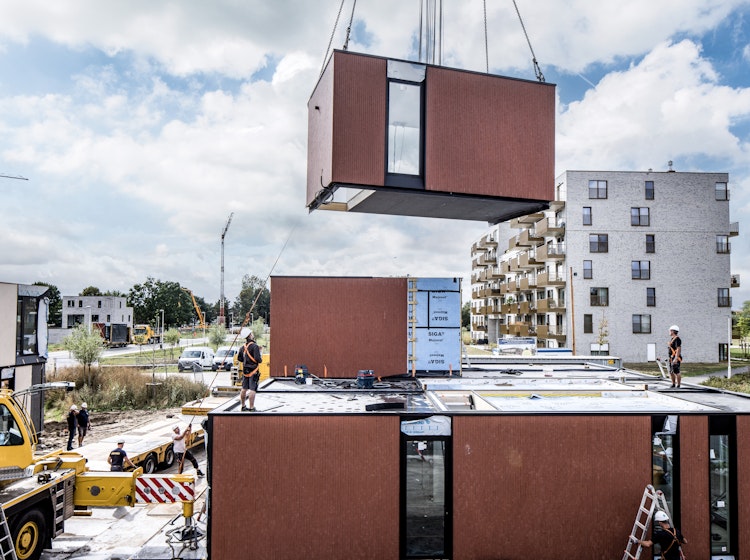 Plaatsing van een houtbouw module op Hoedhaar in Lokeren