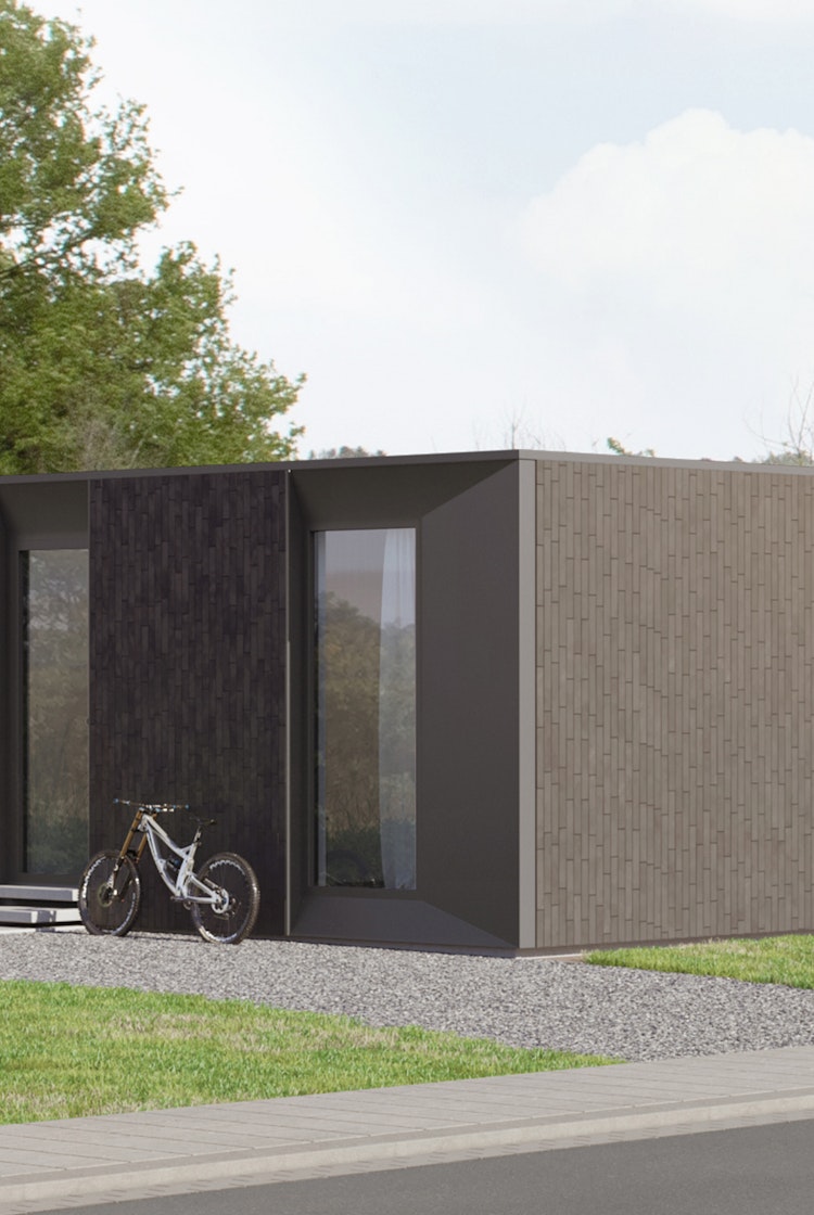 Skilpod #108 — houtskeletbouw bungalow woning met 2 slaapkamers, modern design met zwarte steenstrips