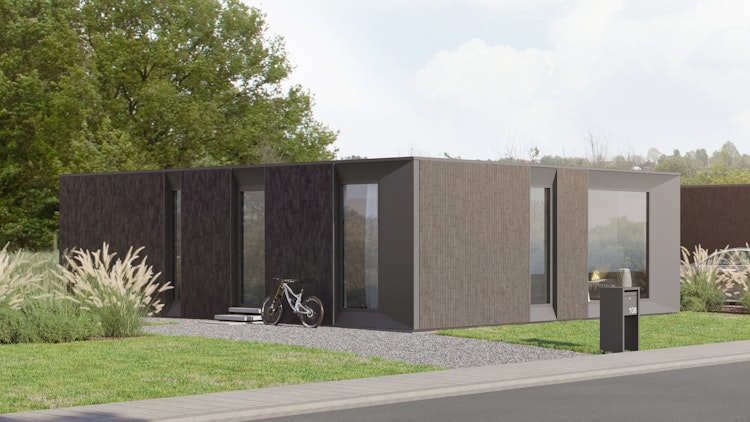 Skilpod #108 — houtskeletbouw bungalow woning met 2 slaapkamers, modern design met zwarte steenstrips