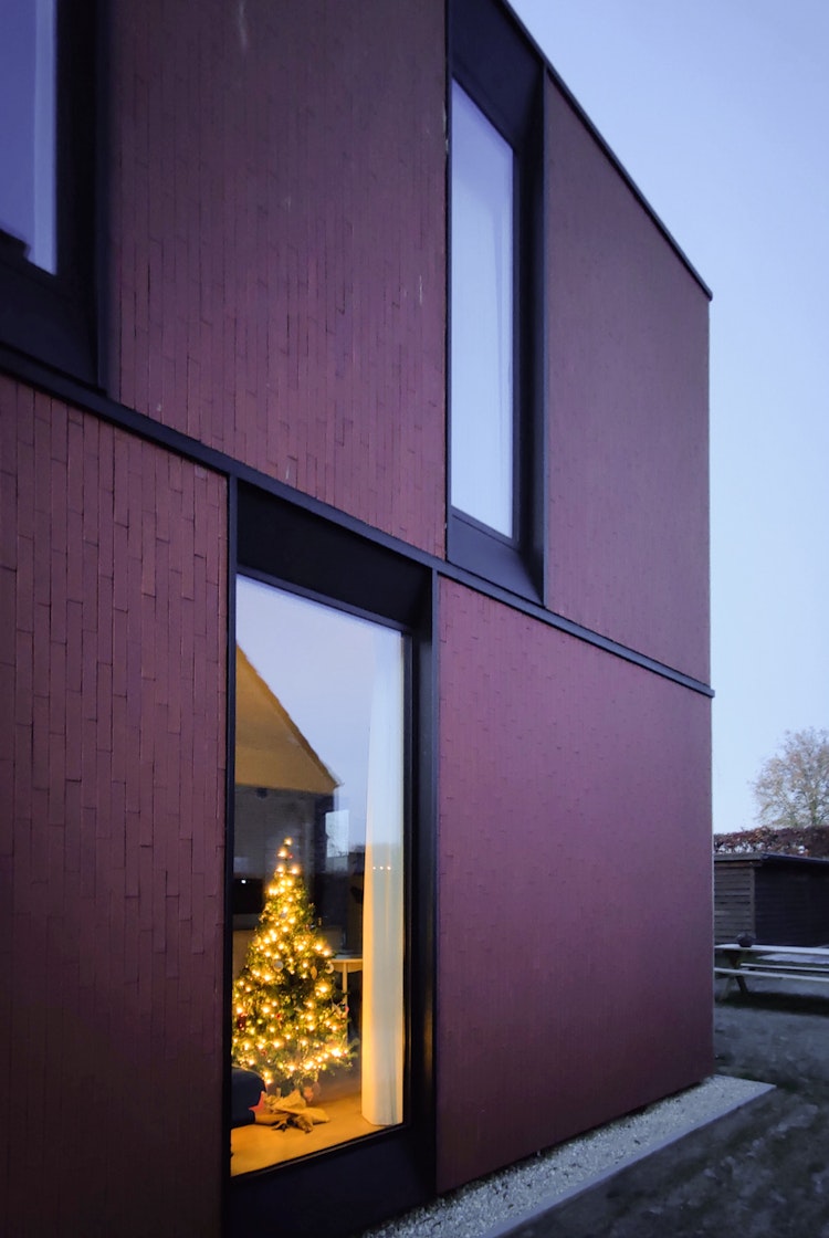 Woning met kerstboom achter het raam