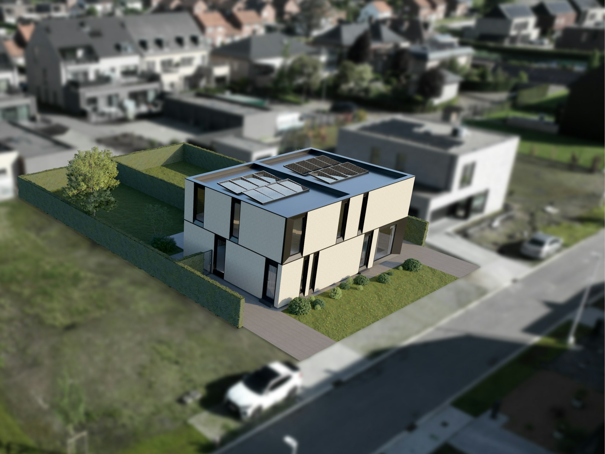 Bilzen Hoefheidestraat droneshot photomatch render