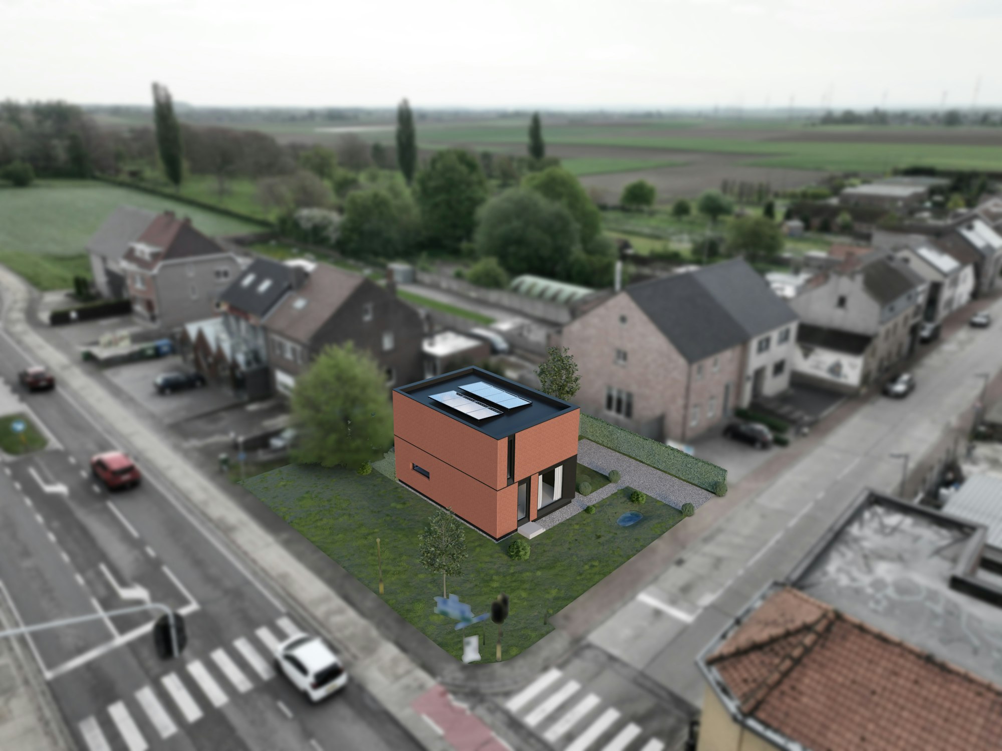 Skilpod nieuwbouwproject in Riemst droneshot photmatch render