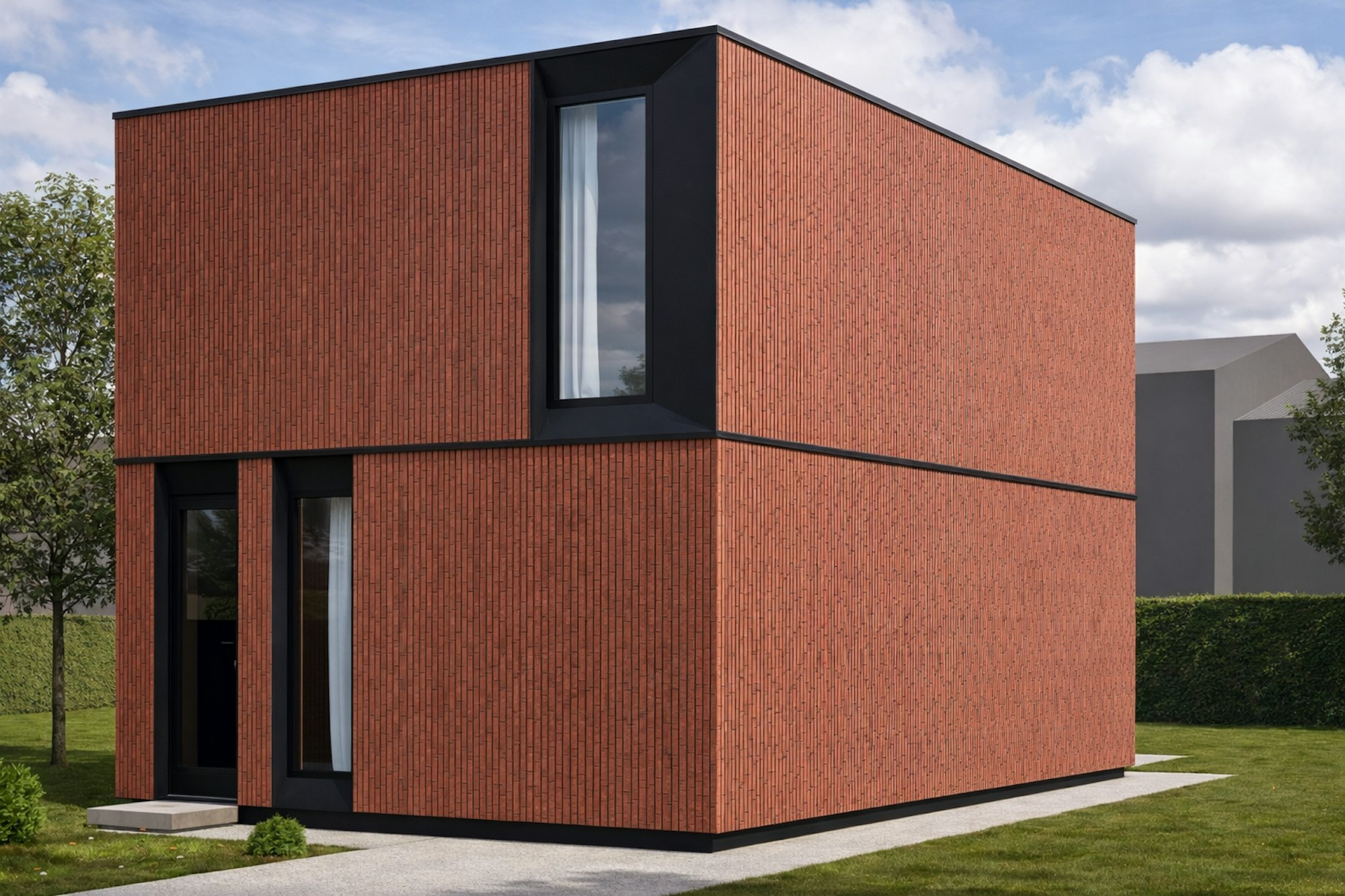 Skilpod #120 woning met rode steenstrip render