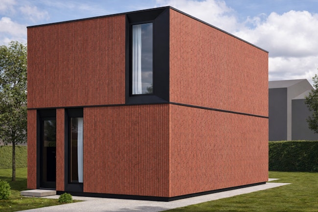 Skilpod #120 in Herzele met rode steenstrip en zwarte ramen