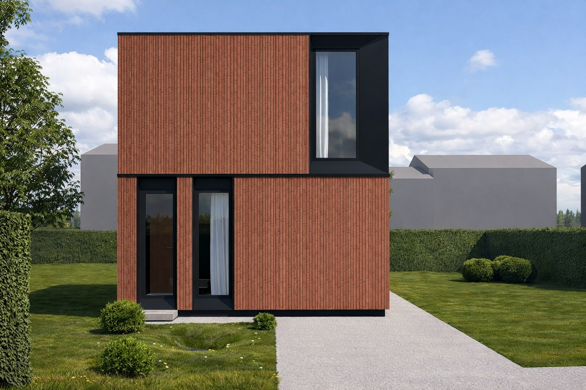 Skilpod #120 woning met rode steenstrip render